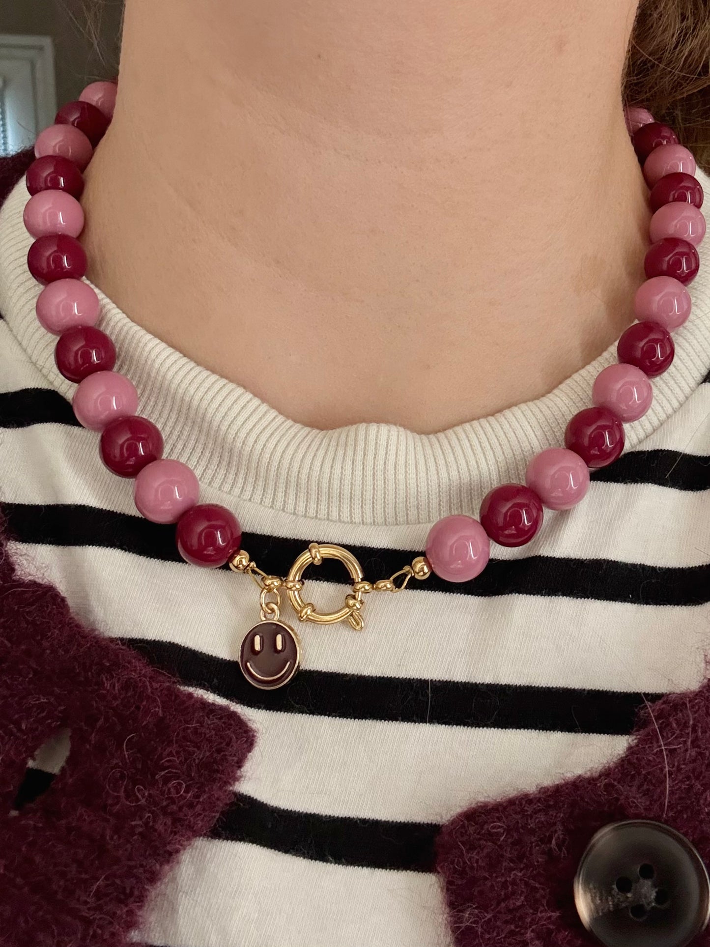 Kralenketting met bedel - Roze/Burgundy