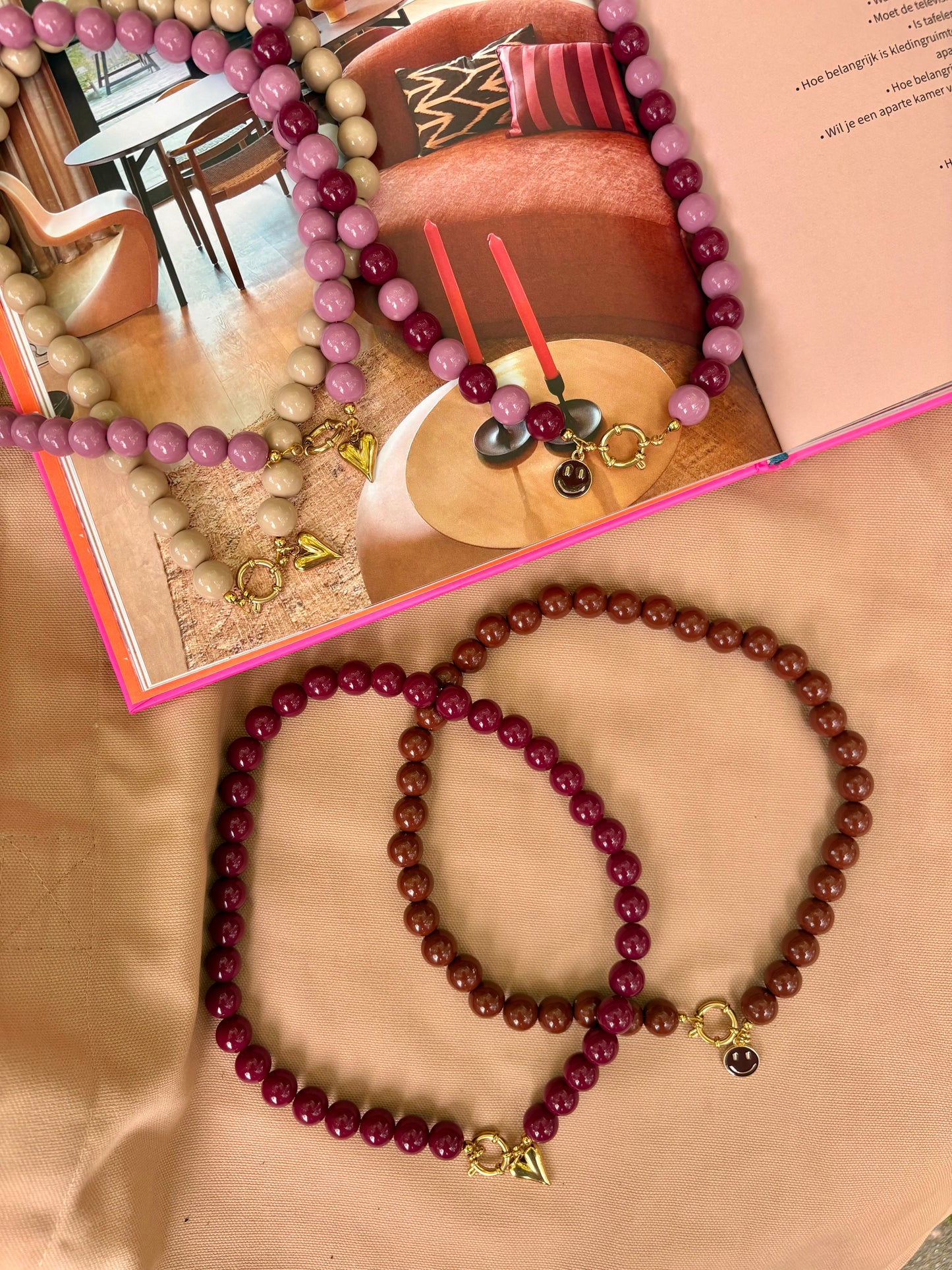 Kralenketting met bedel - Roze/Burgundy