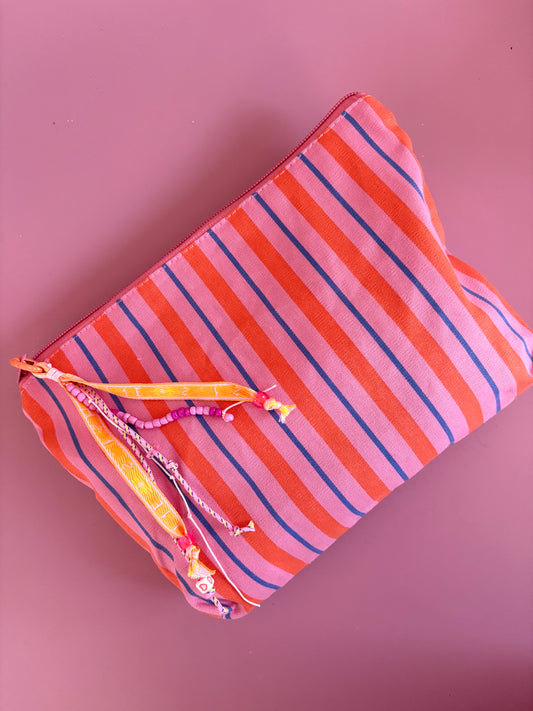 Etui/toilettasje + vrolijke sleutelhanger - Gestreept oranje/blauw